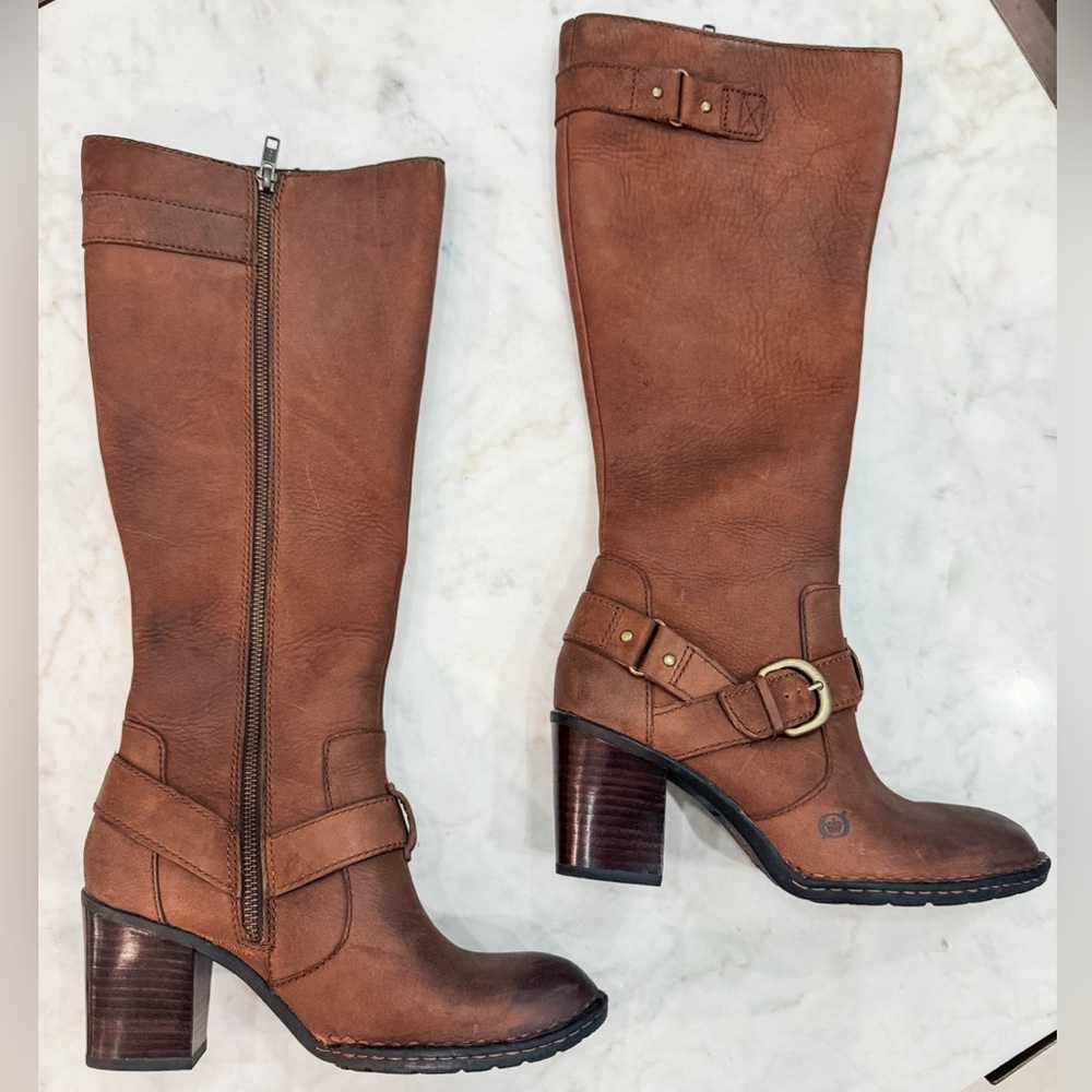 Born Brown Canoe Heeled Knee-High Boots - Size 7.5